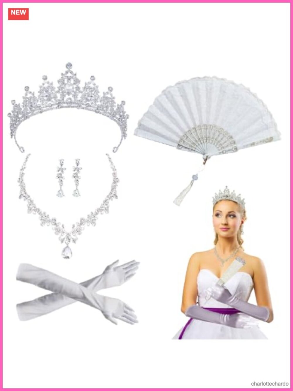 5 Pc Regency Costume Accessory Set Tiara Gloves Necklace Earrings Lace Fan